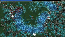A warrior stands in a grassy field surrounded by skeletons and blue fire in Vampire Survivors