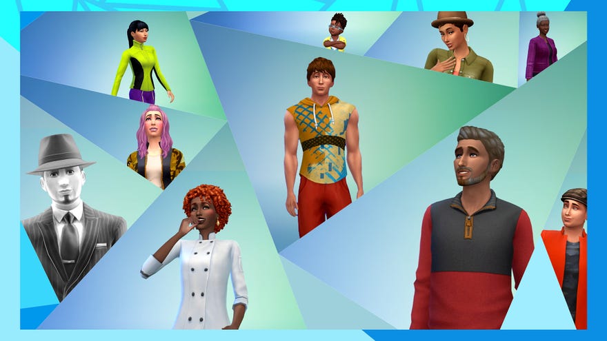 Абстрактно изображение на корицата за Sims 4 показва разнообразие от SIMS в портрет (вариращи на възраст от малки деца до буквални призраци) на марка синьо-зелен фон, съставен от назъбени кадри, подобни на Plumbob