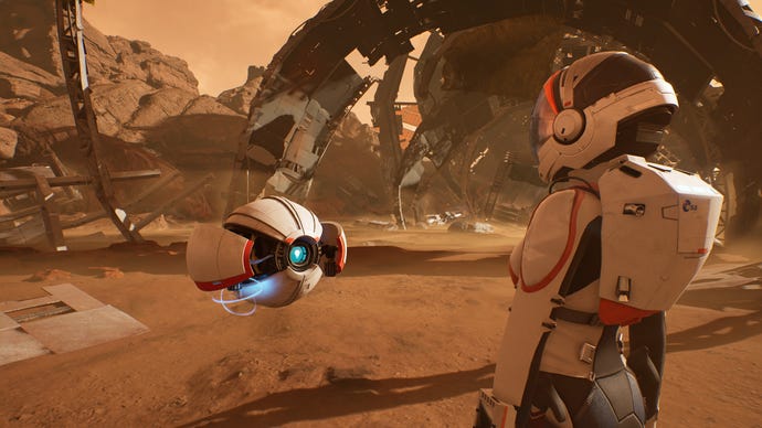 An astronaut faces their floating robot companion in Deliver Us Mars