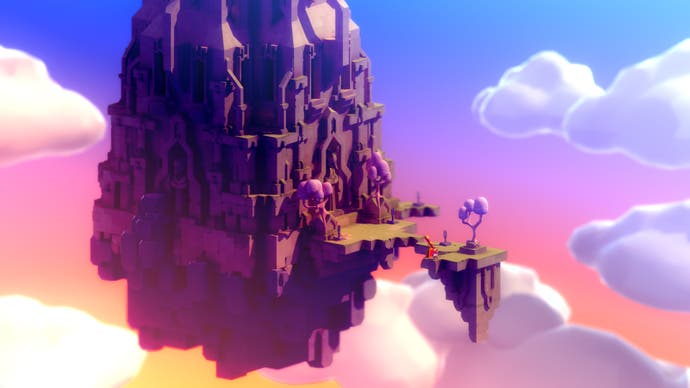 2022 best games Tunic - a floating island with a rocky mountain and tiny outcrop of grass, amongst a pink, orange and blue sky and fluffly clouds