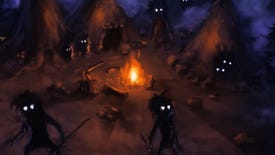 A representation of villagers shown as silhouettes with round white eyes standing around a campfire