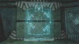 A glowing wall drawing of a torture machine in Amnesia: Rebirth, showing a captive human being with spiked mechanical arms to either side.