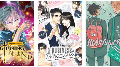 Trio of images, from left to right, The Beginning After the End cover art, A Business Proposal cover art, and Heartstopper cover art
