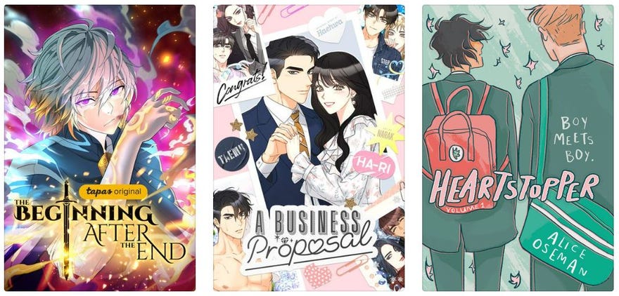 Trio of images, from left to right, The Beginning After the End cover art, A Business Proposal cover art, and Heartstopper cover art