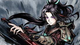 Character art for Realm of Ink - a florid ink-style painting of a young woman brandishing a sword