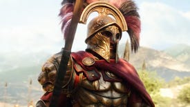 An image from a cinematic of Titan Quest 2, showing a Spartan warrior on horseback