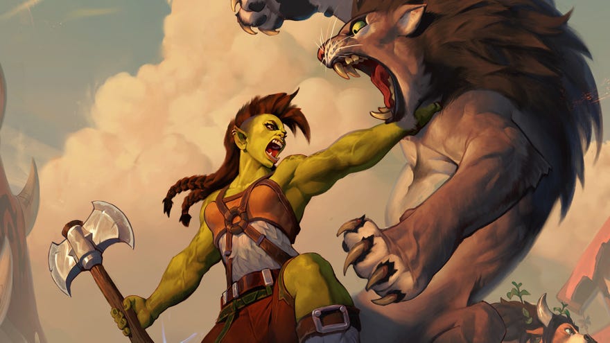 An orc fights a lion in Hearthstone: Forged In The Barrens art.