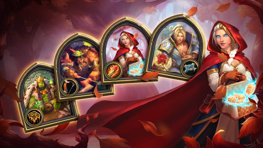 Nice autumnal-looking cards in Hearthstone, next to a lady in a red hood.