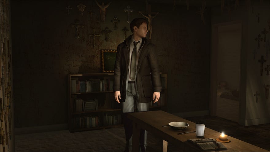 FBI Agent with magic sunglasses Norman Jayden investigating the brown apartment of a potential suspect in Heavy Rain