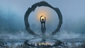 A human-like figure within an overgrown stone ring gesturing around the sun in the Hell Is Us key art.