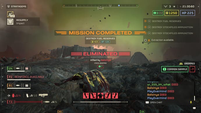 Helldivers 2 screenshot showing the player killed just as the mission complete sign pops up, on a hazy green planet