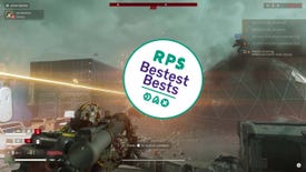 Helldivers 2 cadets aim a rocket launcher and lasers at a Bestest Best badge.