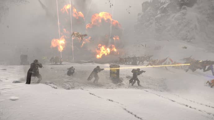 Some players in Helldiver 2 are engaging in a firefight.