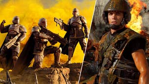 Three soldiers from Helldivers posed in front of yellow smoke on the left, Johnny Grico, a soldier covered in alien blood, fire burning in the background.