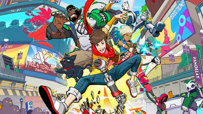 Colourful, cartoony promotional artwork for Hi-Fi Rush showing protagonist Chai and friends posing dramatically in mid-air.