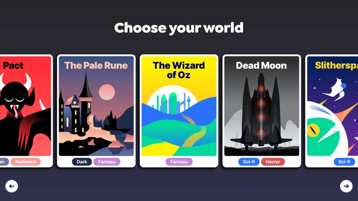 A series of illustrated cards labelled "Pale Moon," "Pact" [with the devil], "The Wizard of Oz," "Dead Moon," and "Slitherspace," with the words "Choose your world" above.