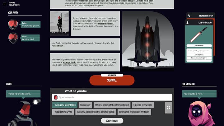 A screenshot of Hidden Door's interface, with text showing two characters in a sci-fi story in a large cavern with four red beacons in the distance, a smell of rotting flesh, and a strange liquid creature with many legs coming toward the players. The narrator says the players' new objective is "Survive."