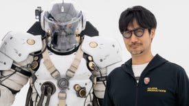 Hideo Kojima stana dsnext to Lumens, the mascot of Kojima Productions