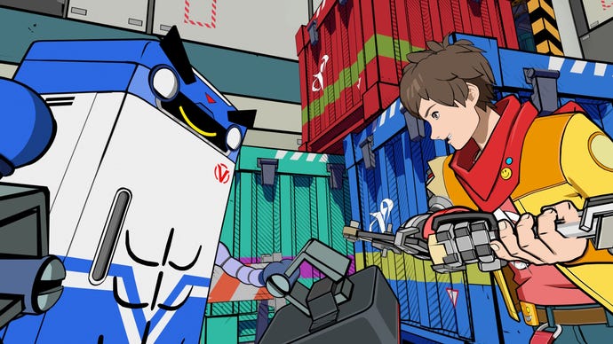 The hint fridge and Chai look toward each other with big grins on their faces in Hi-Fi Rush