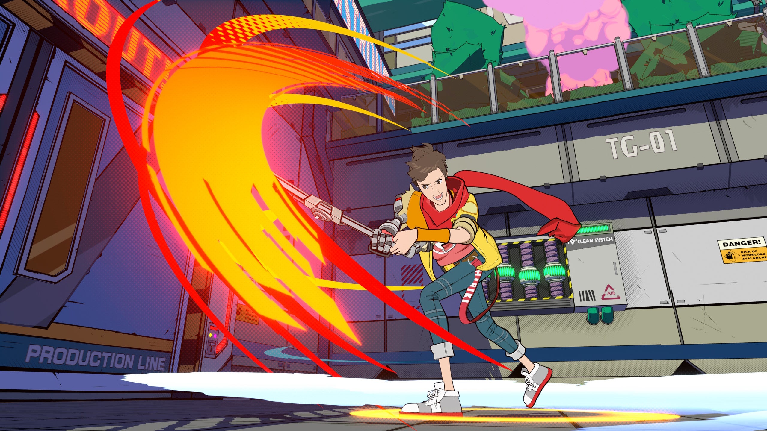 Chai swipes his guitar through the air with a big red and orange power arc in Hi-Fi Rush