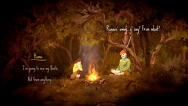 A young girl chats with a man by a campfire in A Highland Song