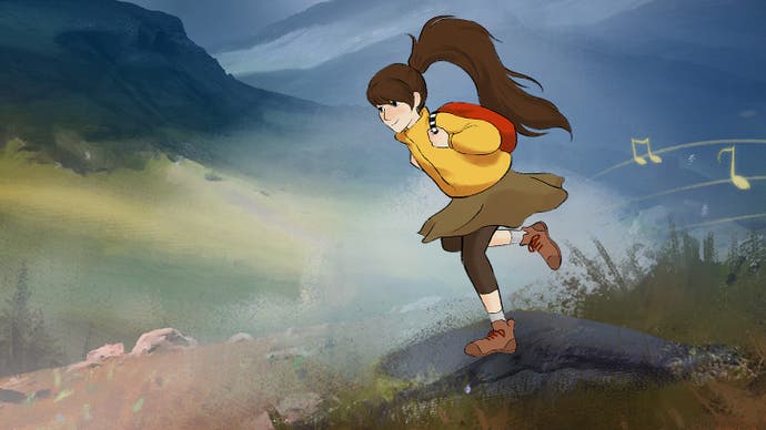 一个年轻女子在山上从右向左奔跑的插图，她身后拖着音符。