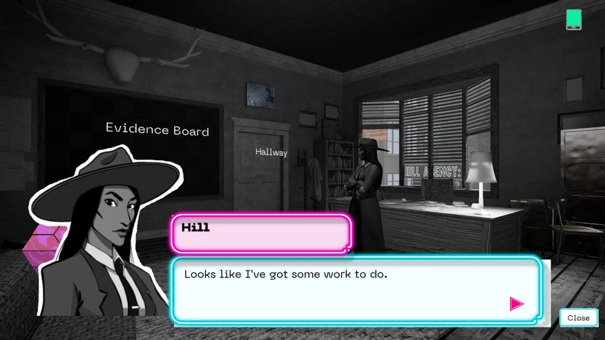 A dialogue box from Hill Agency: PURITYdecay, showcasing the game's point-and-click interface.
