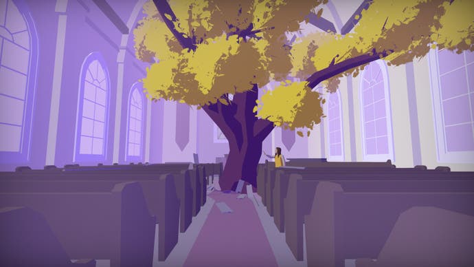The inside of what looks like a church, tinged with purple. But there's a huge tree growing from the middle where the dais is.