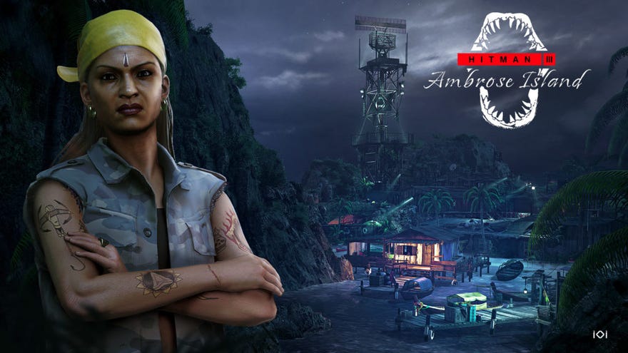 A woman poses with her arms folded, looking cross, in front of a tropical island at night, which bodes poorly for her chances in this Hitman 3 level.