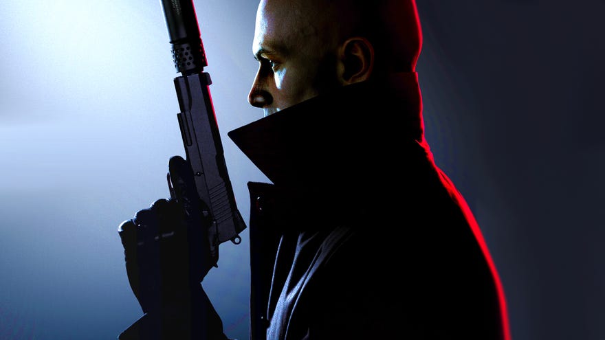 Agent 47 standing in profile holding a gun in Hitman 3