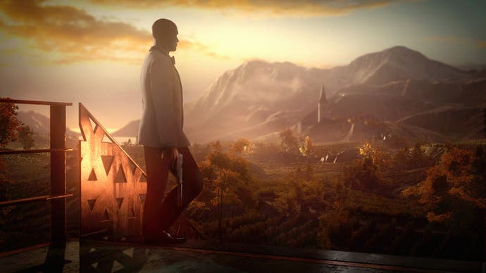 Agent 47 in an elegant suit looking over a landscape at sunset