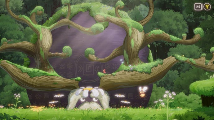 A red fairy walks on the giant horns of an enormous rhinoceros beetle guardian in Hoa