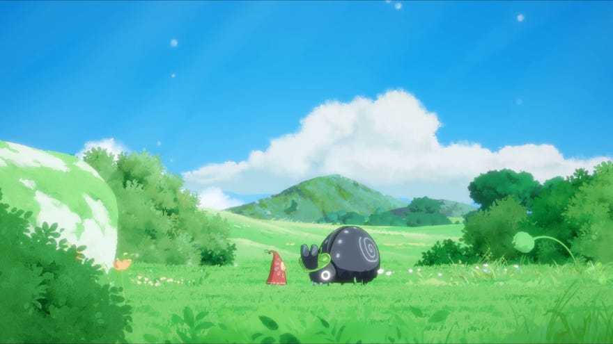 A red fairy stands in front of a cute rhinoceros beetle in a grassy field in Hoa