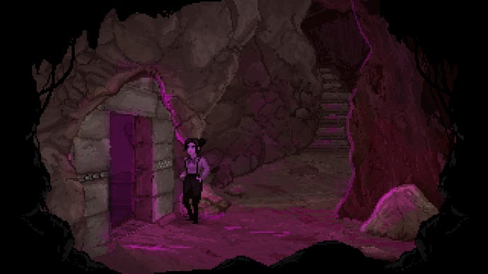 A woman enters an open doorway inside a cave with purple light pouring out in The Excavation Of Hob's Barrow.