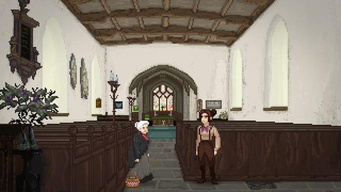 A woman talks to an elderly lady inside a church in The Excavation Of Hob's Barrow.