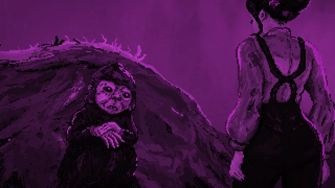 A goblin stares at a woman in The Excavation Of Hob's Barrow