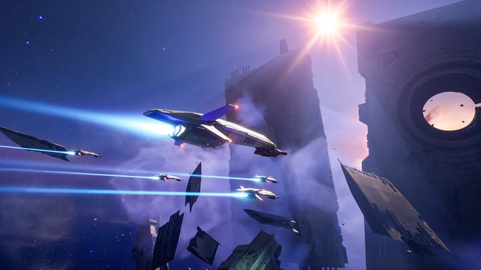 Spaceships in a Homeworld 3 screenshot.