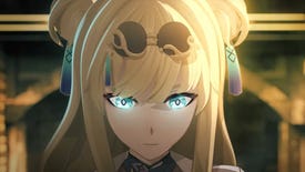 A blonde character stares at the camera with glowing blue eyes in the trailer for Honaki Impact 3rd Part 2