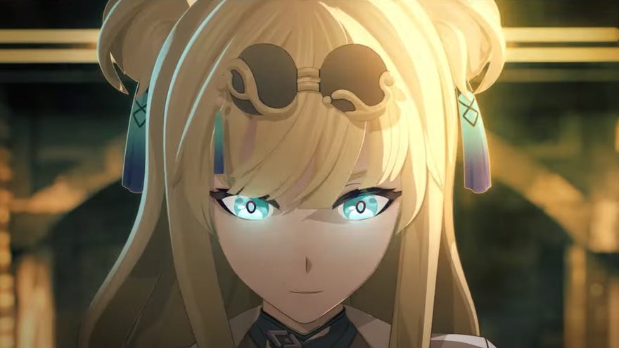 En blond karaktär stirrar på kameran med glödande blå ögon i trailern för Honaki Impact 3: e del 2