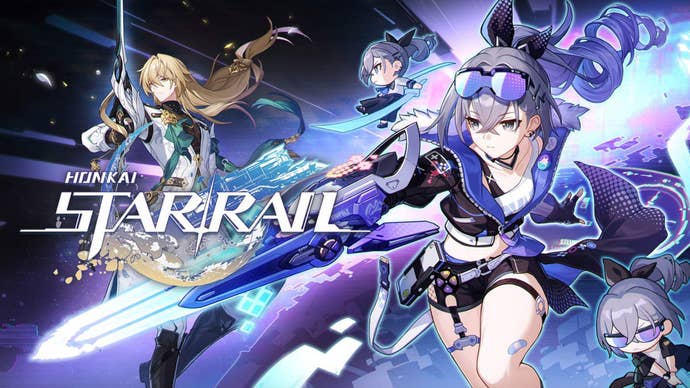 Artwork for the Honkai Star Rail 1.1 update showing new characters Silver Wolf and Luocha.