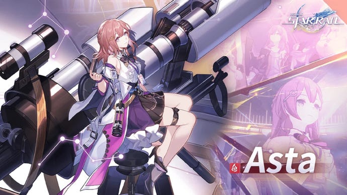 Asta sits on a stool beside a large telescope in her introductory image in Honkai: Star Rail. Background images show Asta in an alternate outfit and meeting the female Trailblazer.