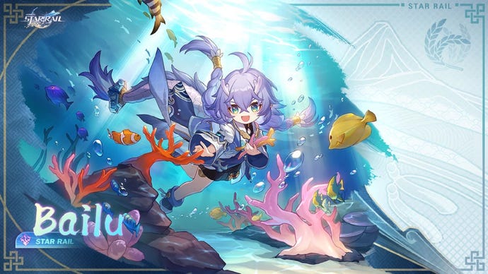 Bailu nada bajo el agua con una variedad de peces de colores en su arte de bienvenida/introducción en Honkai: Star Rail.