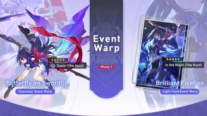 Una vista previa del evento warp de la versión 1.0 (fase 1) de Honkai: Star Rail, con el personaje Seele resaltado a la izquierda y el cono de luz In the Night a la derecha.