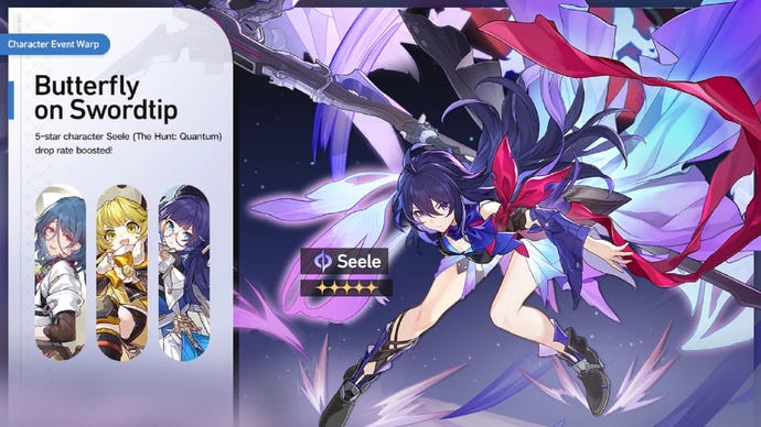 Honkai: Star Rail's "Butterfly on Swordtip" banner as it appeared in April/May 2023, featuring Seele alongside Natasha, Hook, and Pela.
