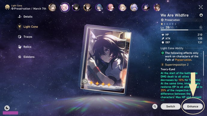 La subpantalla del cono de luz principal de la pantalla de administración de personajes en Honkai: Star Rail, que muestra una imagen similar a una carta de juego con el rostro de una mujer en el centro y una lista de estadísticas de combate en un lado.