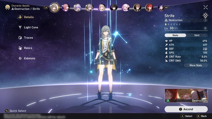 The character detail screen showing the character Strife in Honkai Star Rail