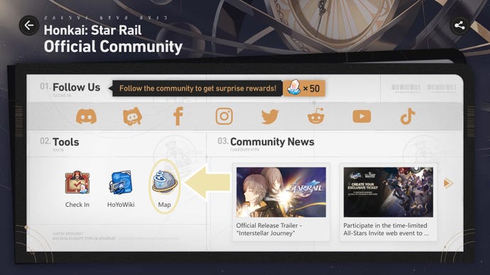 La página de inicio del sitio web de la comunidad oficial de Honkai: Star Rail desde la aplicación del juego.  El enlace a la herramienta de mapa interactivo está resaltado.