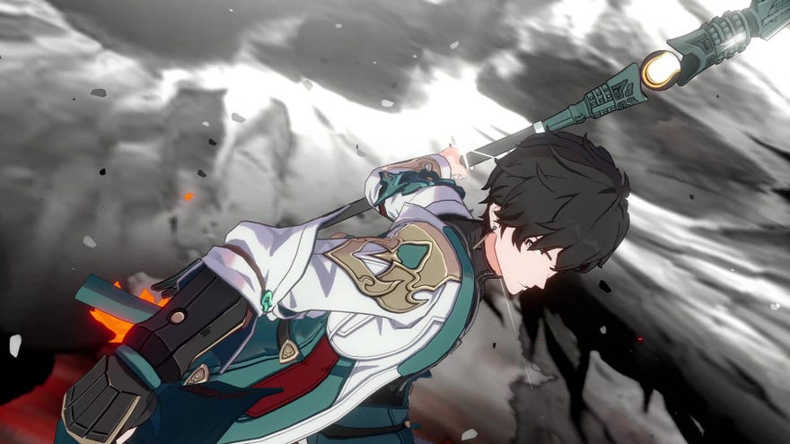 Dan Heng prepares to throw his spear against a dramatic background of an autumn storm as part of his ultimate attack in Honkai: Star Rail.