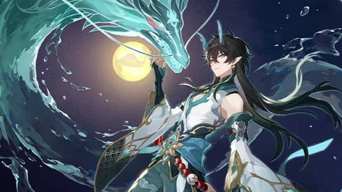 Dan Heng a.k.a. Imbibtor Lunae looks deep into the eyes of a semi-transparent blue-green dragon, against the backdrop of a full moon in the night sky.