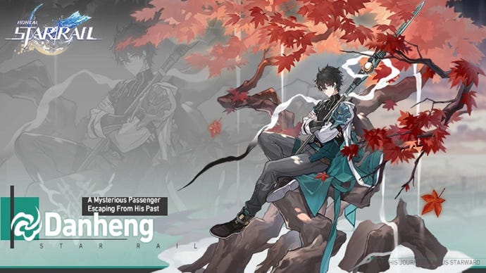 Dan Heng sits cross-legged on the lower branches of an autumnal tree in his introductory image in Honkai: Star Rail. He holds his spear in folded arms. The background image is, somewhat humorously, a black-and-white repetition of him in the exact same pose.